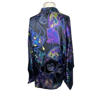 Chico’s black & multicolor print silk blend open front short kimono size 3 (16)